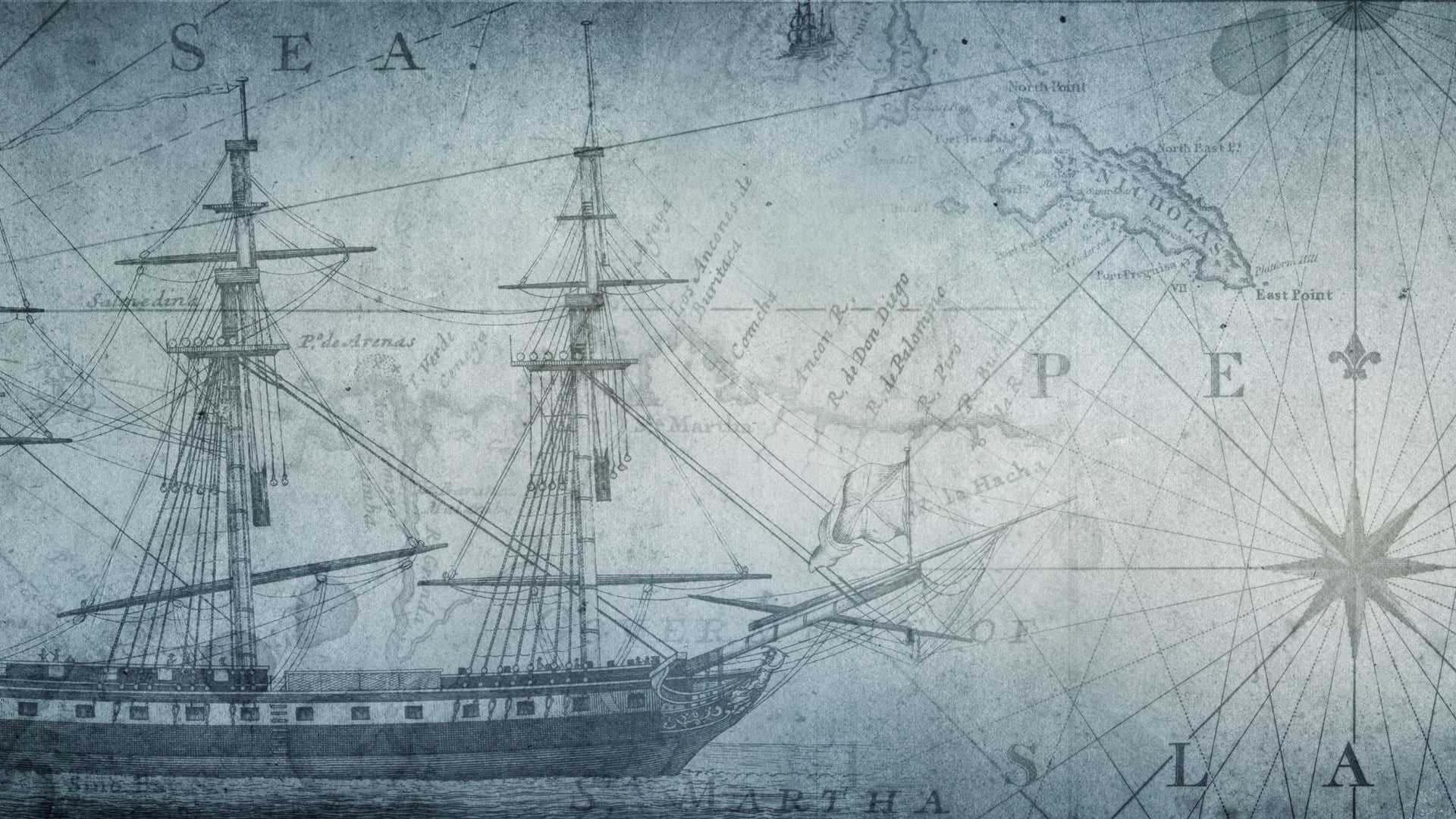 Historical nautical map featuring an illustration of a sailing ship and detailed maritime markings.