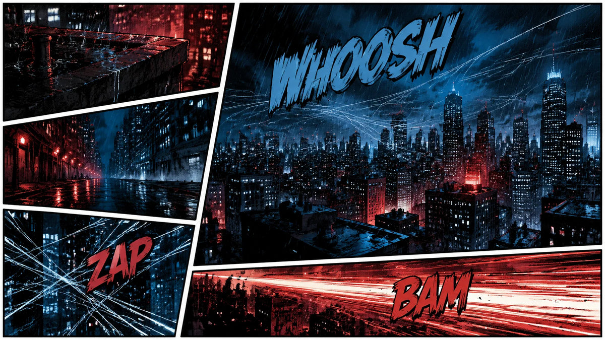 Rainy comic-book city skyline with web-like motion lines and WHOOSH, ZAP, and BAM sound effects