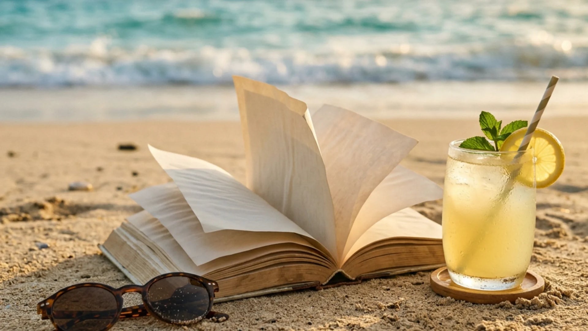 Open book on a sandy beach with sunglasses and lemonade, warm summer light with ocean in the background
