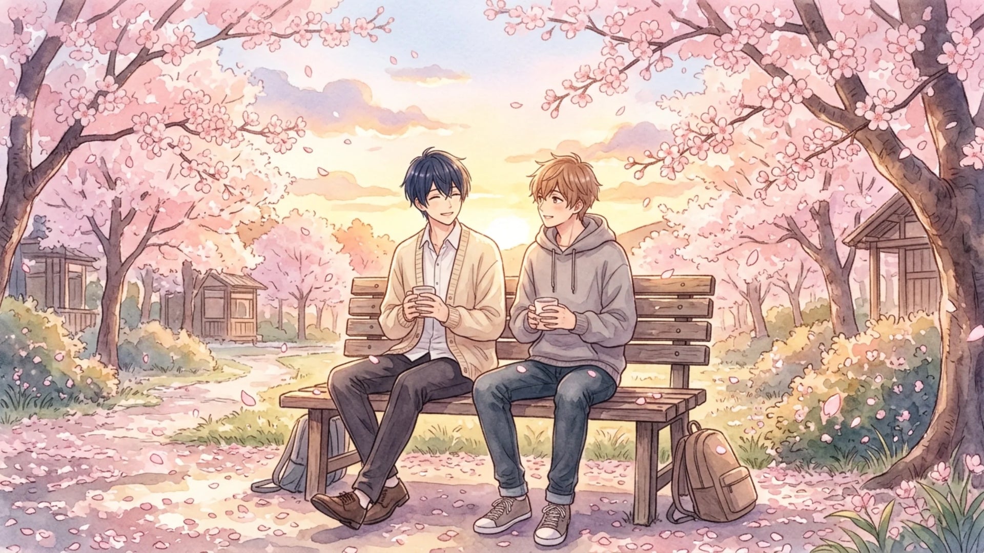 illustration of two male anime characters sitting under a cherry blossom trees, representing BL manga recommendations