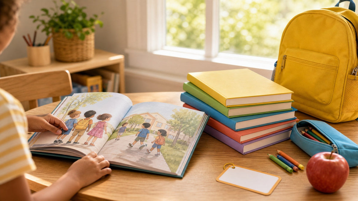 First day of school books beside a yellow backpack and colorful school supplies