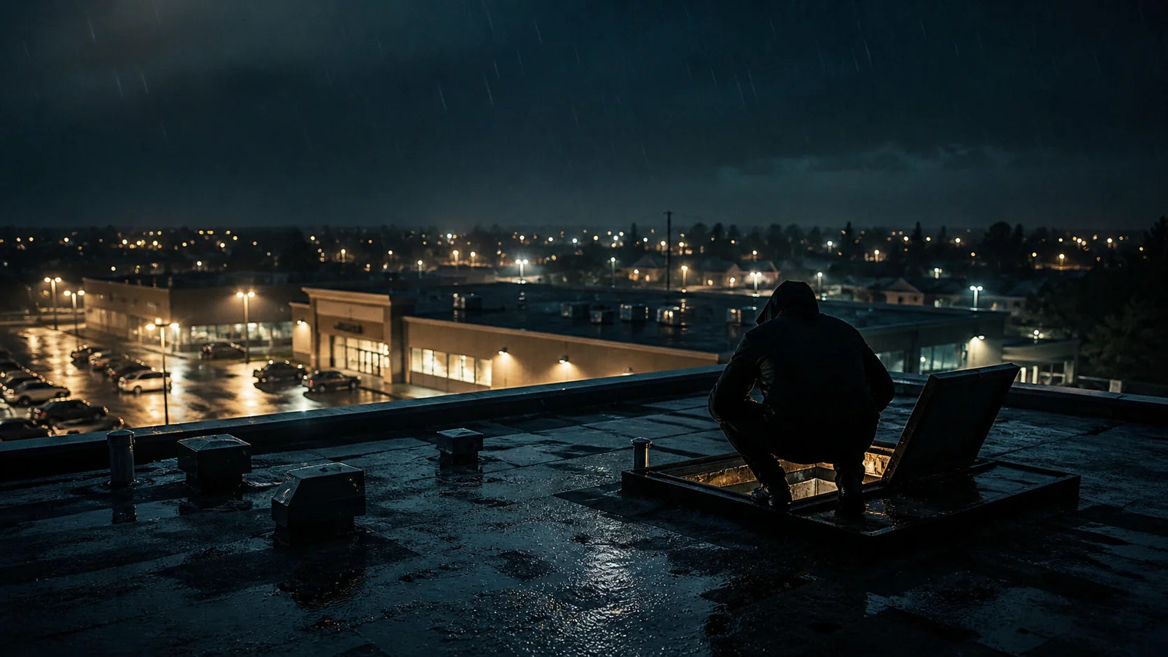 Rainy nighttime rooftop scene representing the Roofman true story of Jeffrey Manchester
