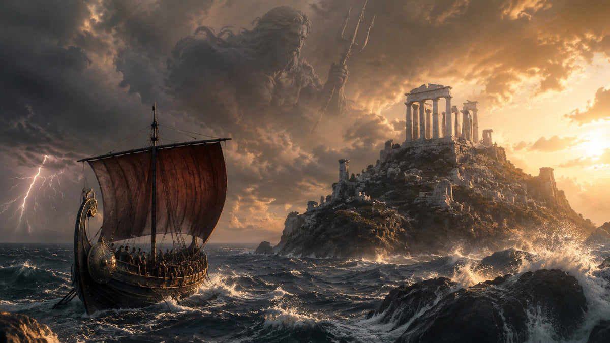 Greek mythology movies scene with an ancient Greek ship, temple ruins, and stormy sea