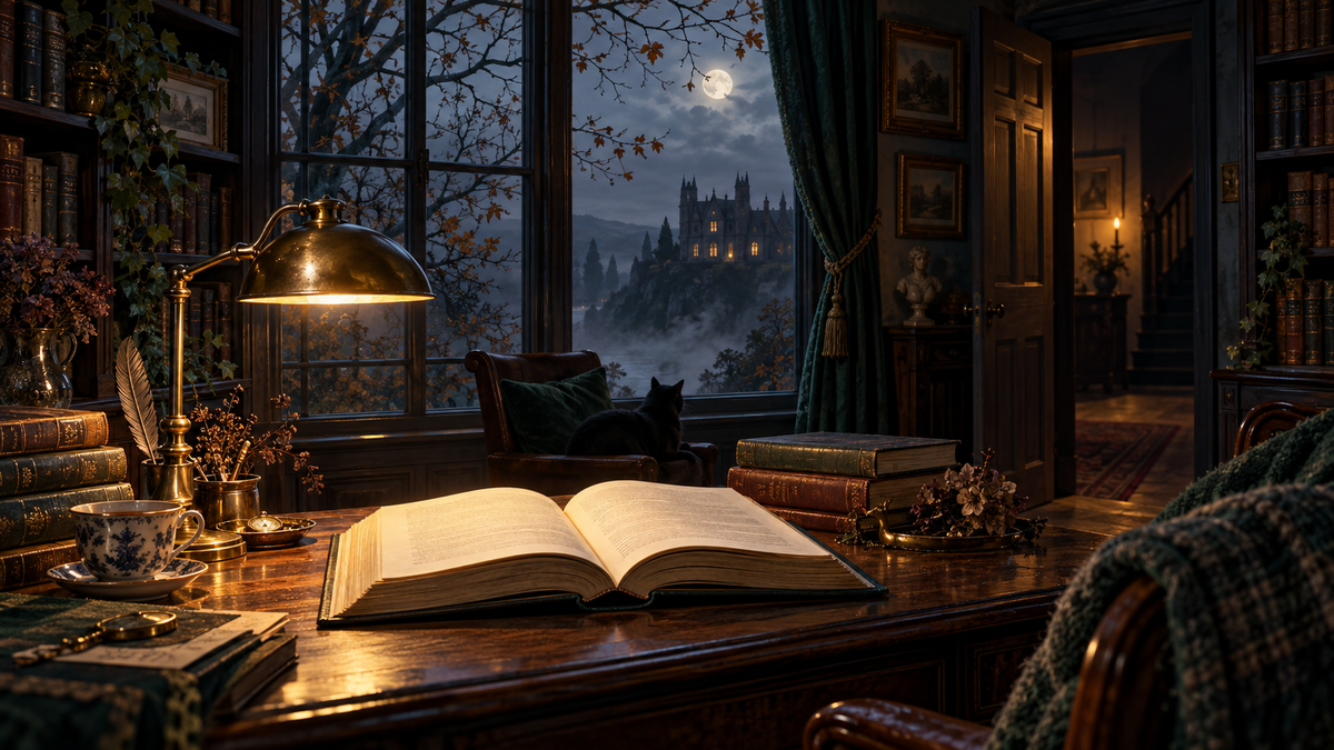 An open book under a brass reading lamp, with a moonlit Gothic house beyond the window