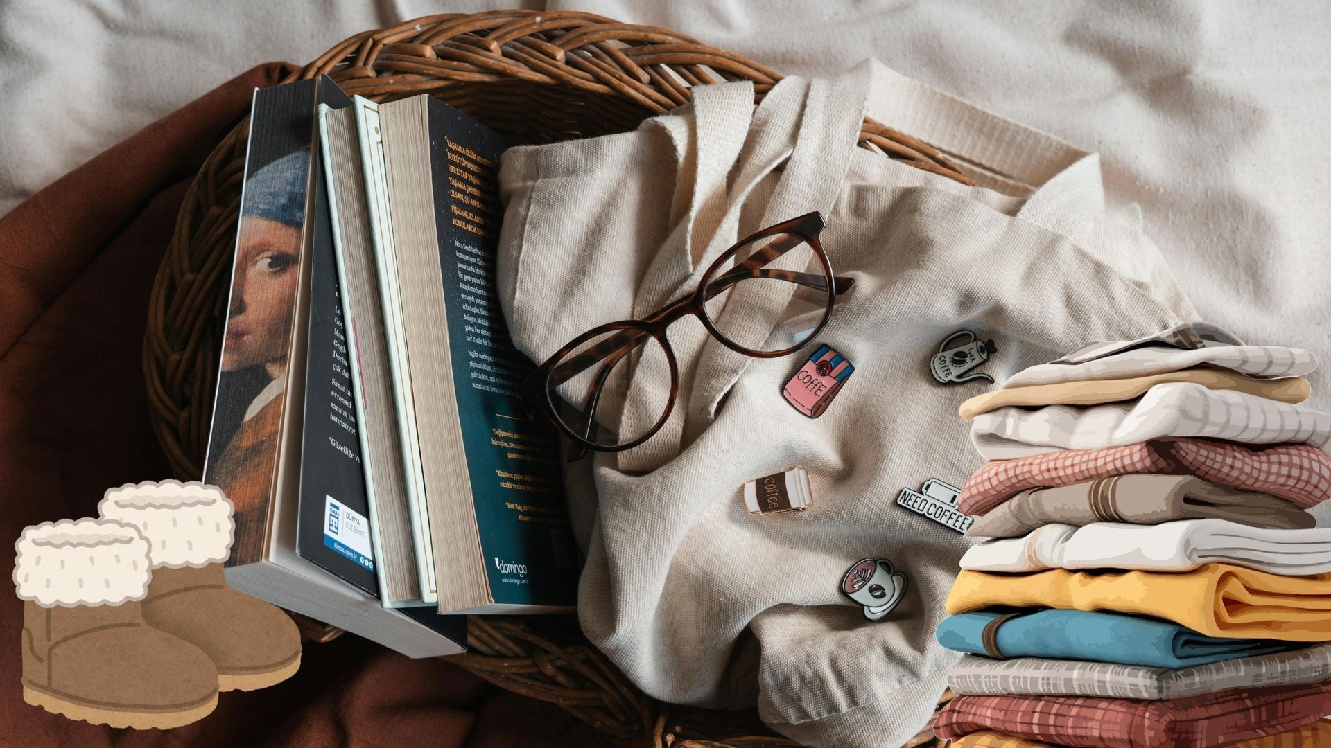 Cozy setup with books, glasses, fabric tote with pins, and folded clothes in a wicker basket.
