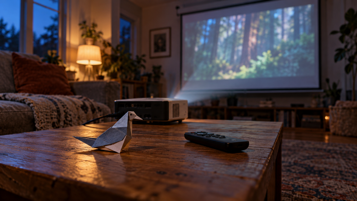 Home movie corner with a projector, remote and folded paper bird on a wooden coffee table