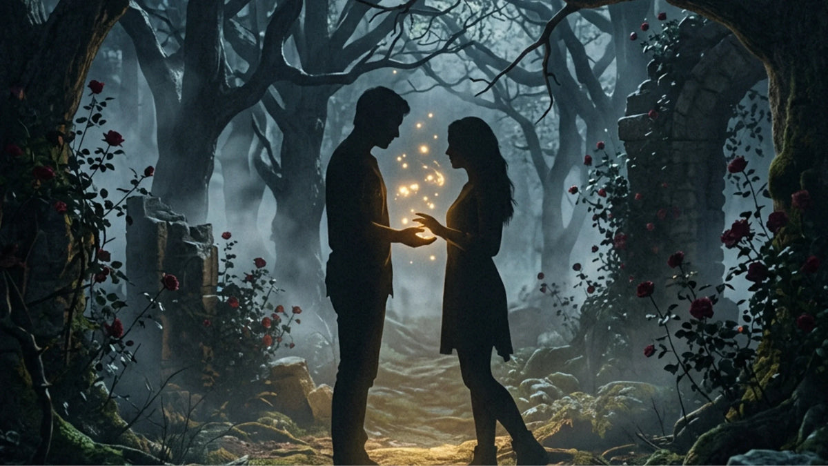 Enchanted forest scene with two silhouettes and golden magic sparks, representing the romantasy book genre