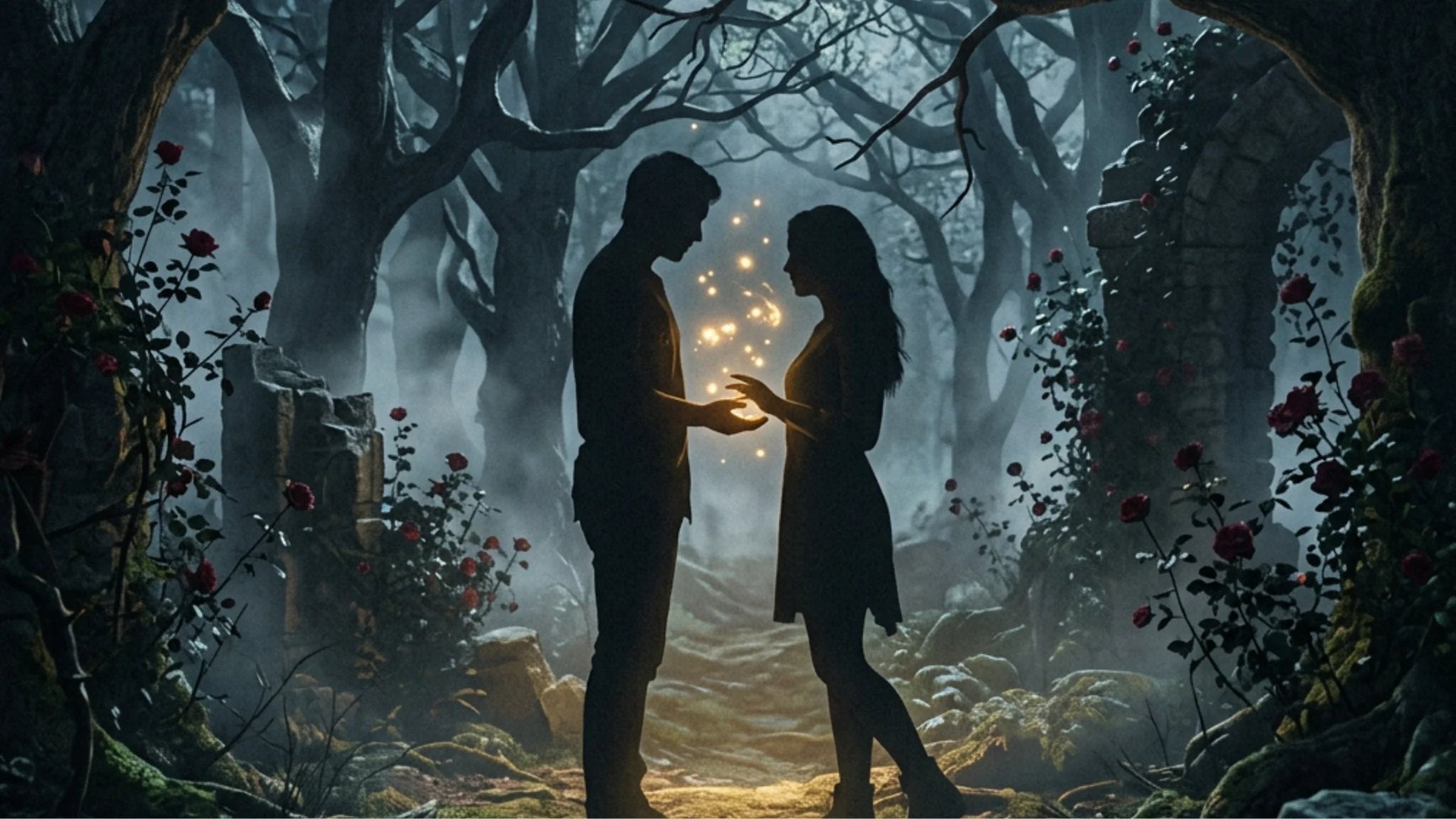 Enchanted forest scene with two silhouettes and golden magic sparks, representing the romantasy book genre