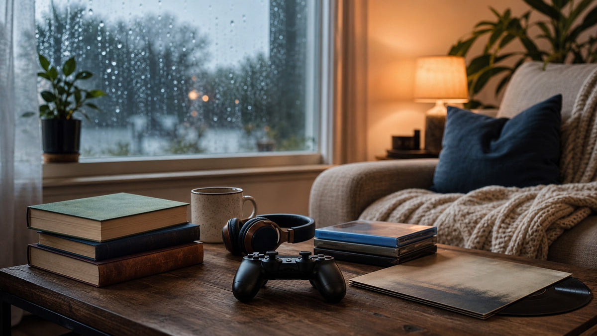 Cozy rainy day living room with books, movies, music, and a game controller on a coffee table.