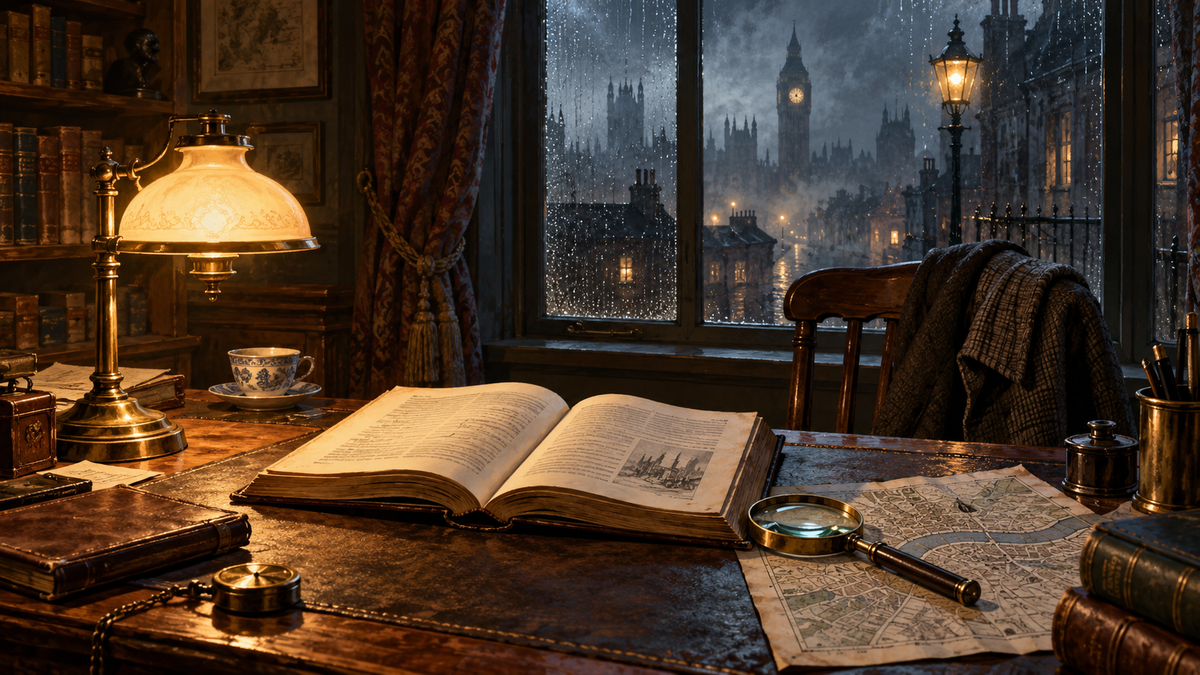 An open book and magnifying glass on a lamplit desk beside a window overlooking foggy Victorian London